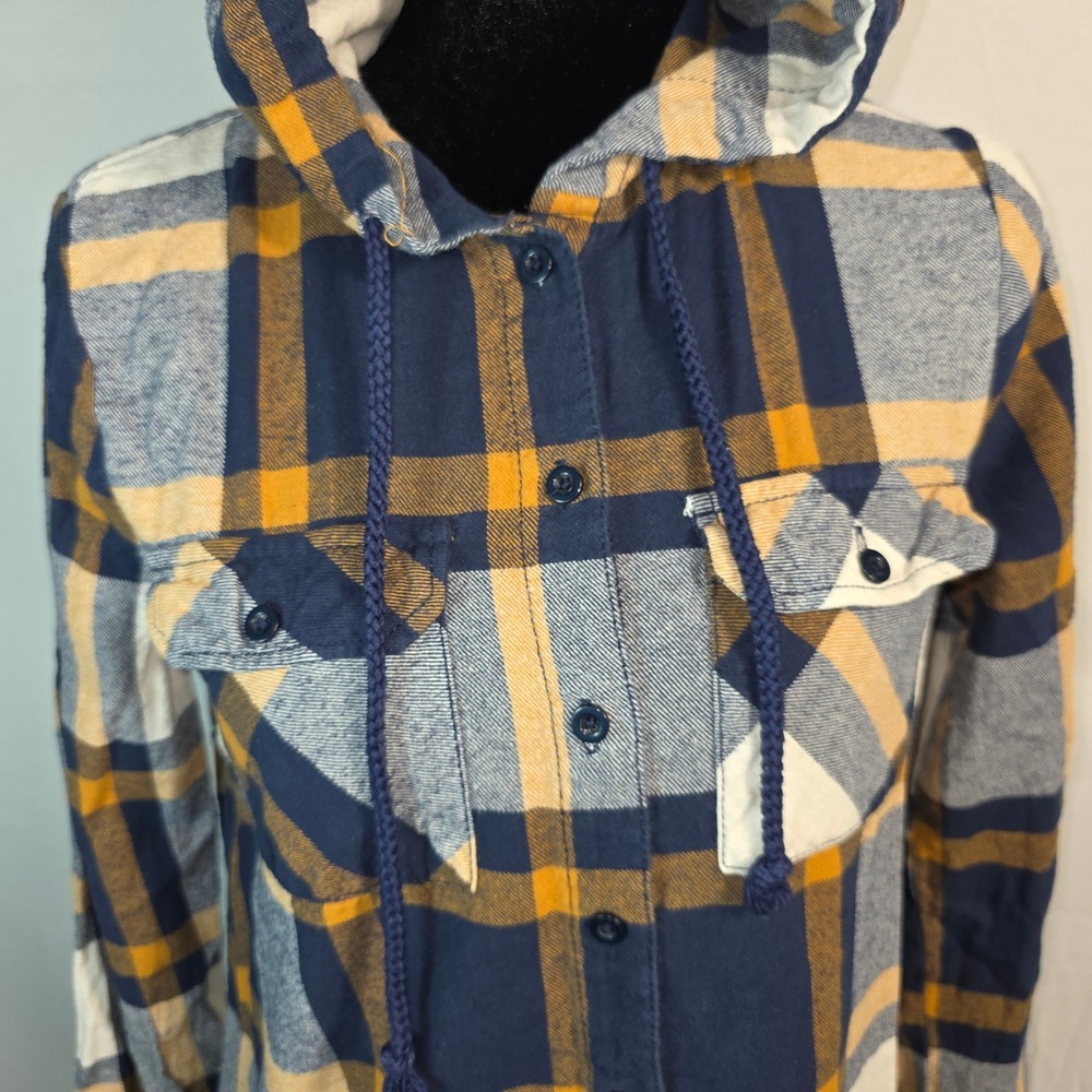 Destined Womens Hooded Flannel Shirt Plaid Navy Mustard Yellow Cotton Medium W61 - Picture 2 of 4